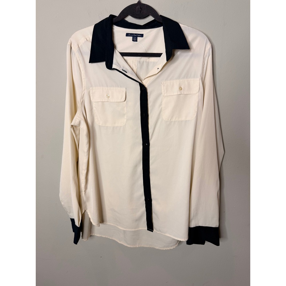 American Eagle Button Down Blouse Womens XL Cream Black Trim Long‎ Sleeve Career